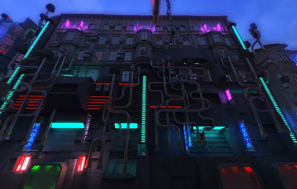 The building, neon, Blade Runner Future City