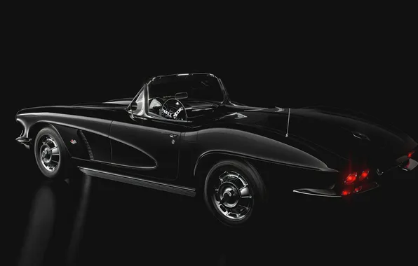 Picture car, lights, Chevrolet Corvette, chrome, classic car, convertable, Tuxedo Black 1962, Chevrolet Corvette Tuxedo Black …