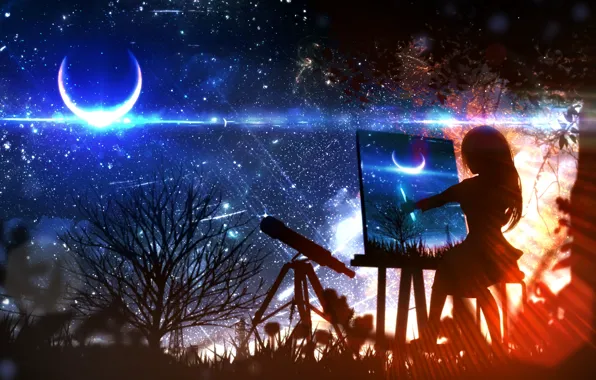 Girl, night, the moon, fantasy, draws