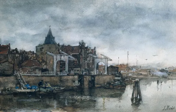 The city, figure, watercolor, Jacob Maris Hendrikus, Tower Schreierstoren in Amsterdam