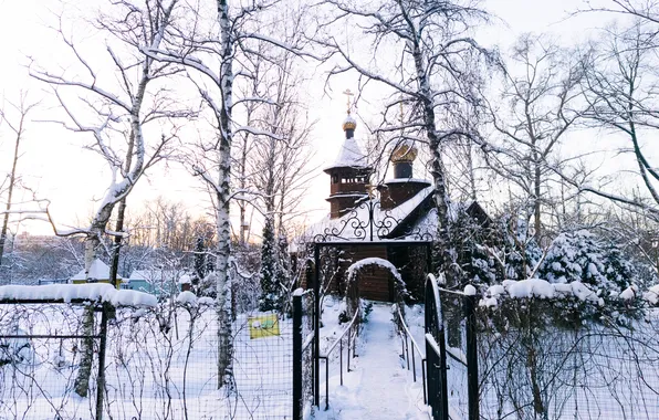 Picture winter, the sky, snow, trees, temple, Russia, architecture