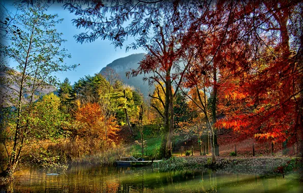 Autumn, trees, mountains, lake, shore, boat, Italy, Sunny