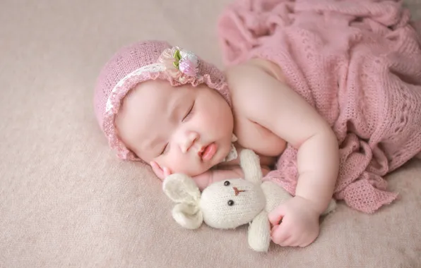Pose, background, toy, child, sleep, rabbit, baby, blanket