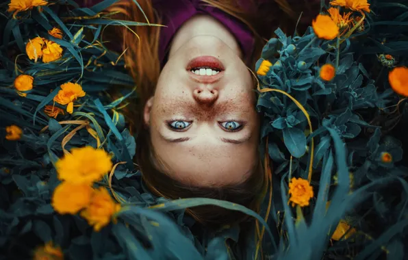 Picture look, girl, flowers, face, freckles, calendula, Ronny Garcia