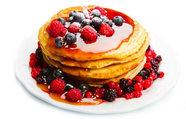 Berries, Breakfast, honey, pancakes
