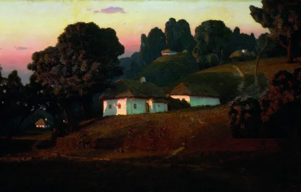 Picture trees, oil, hill, houses, Canvas, Arkhip KUINDZHI, Evening on the Ukraine