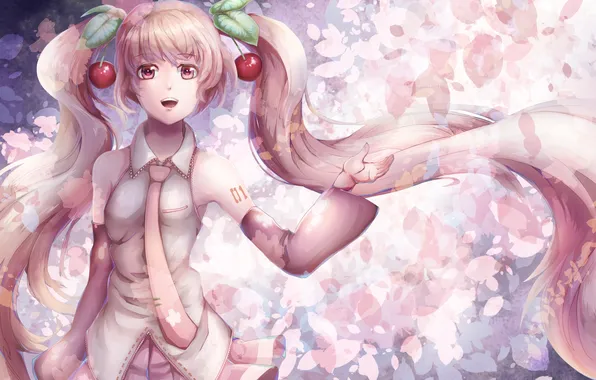 Girl, flowers, anime, Sakura, art, vocaloid, cherries, sakura, mike