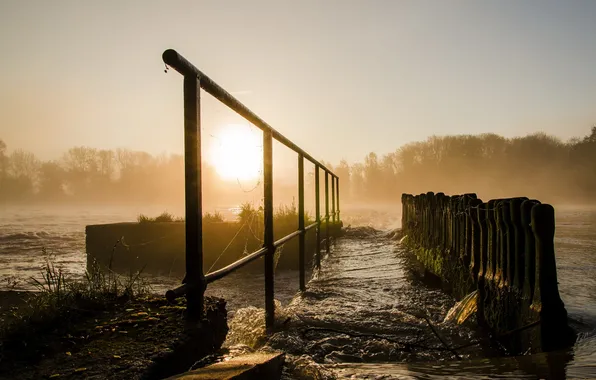 Landscape, bridge, fog, river, morning