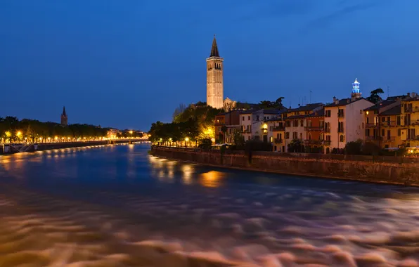 Picture night, lights, river, tower, home, waist, Verona