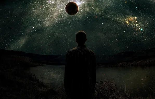 The sky, stars, mountains, lake, planet, People