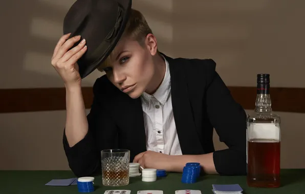 Card, girl, hat, chips, whiskey
