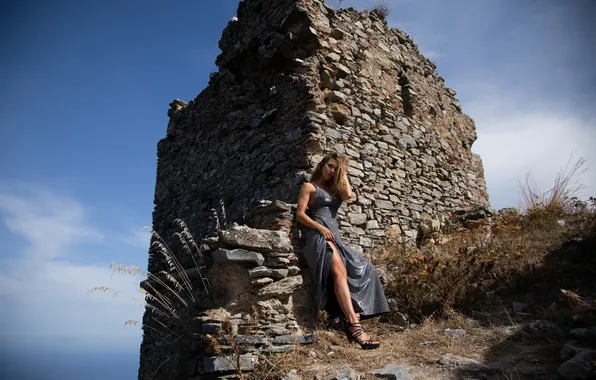 Long hair, model, ruins, brunette, gorgeous, photoshoot, posing, busty