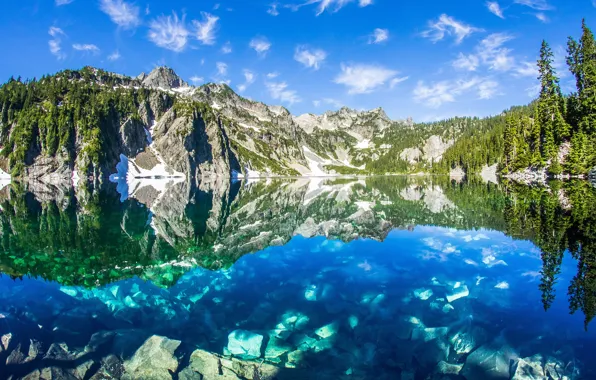 Forest, clouds, light, mountains, lake, reflection, blue, stones