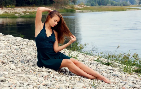 Water, girl, pebbles, lake, stones, feet, shore, model