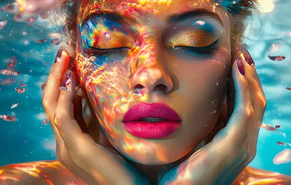 Bright colors, face, sexy, portrait, makeup, under water, beautiful girl, face