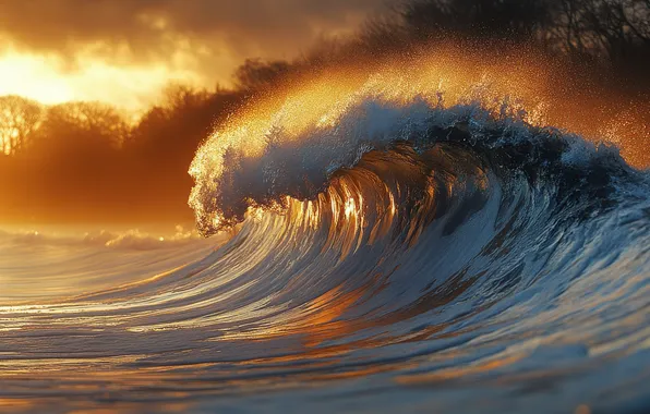 Sea, wave, water, light, sunset, clouds, storm, wave