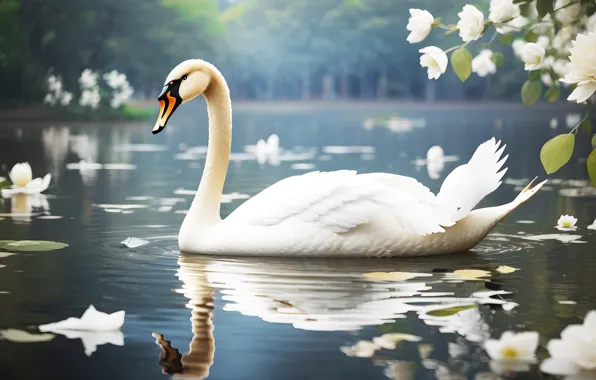 White, nature, lake, pond, bird, shore, Swan, pond