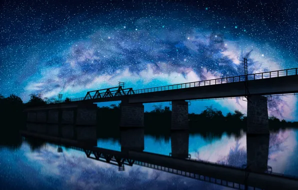The sky, night, bridge, reflection, river, rail journey, liwei191