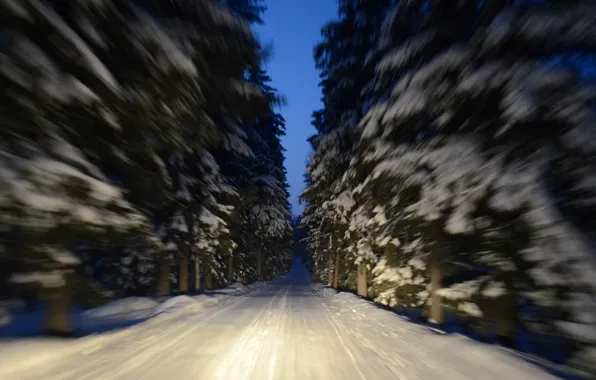 Winter, road, macro, snow, trees, movement, Finland, Finland