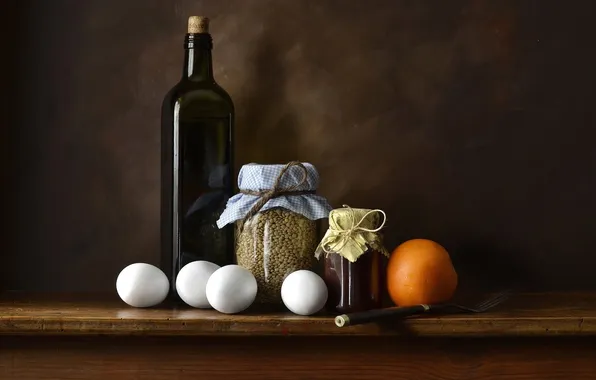 Wine, bottle, orange, eggs, banks, still life