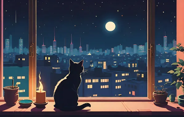 Roof, cat, the sky, cat, stars, night, the city, the moon