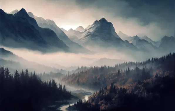 Forest, snow, landscape, mountains, nature, fog, river, rendering
