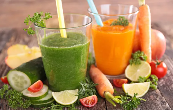Greens, apples, Board, lime, glasses, fruit, vegetables, tomatoes