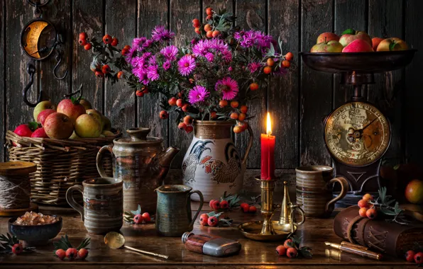 Flowers, style, berries, basket, apples, candle, mugs, still life