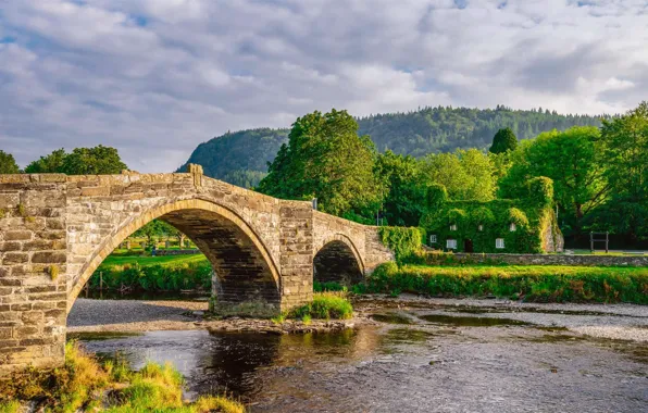Landscape, bridge, nature, river, UK, North Wales, Pont Fawr