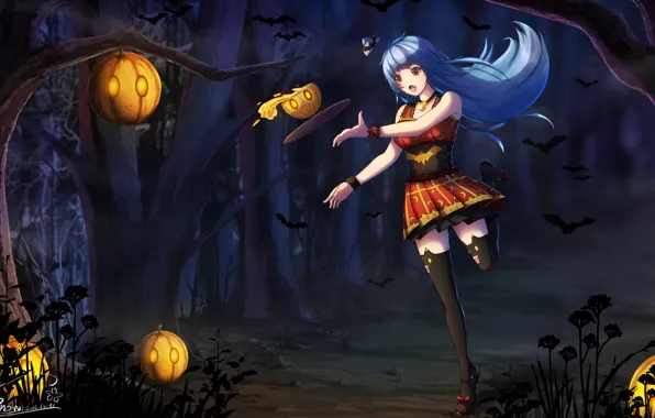 Girl, anime, art, pumpkin, Halloween, zhanjian shaonu