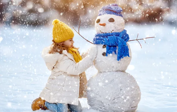 Winter, Snow, Children, Girl, New year, Jacket, Snowman, Caps