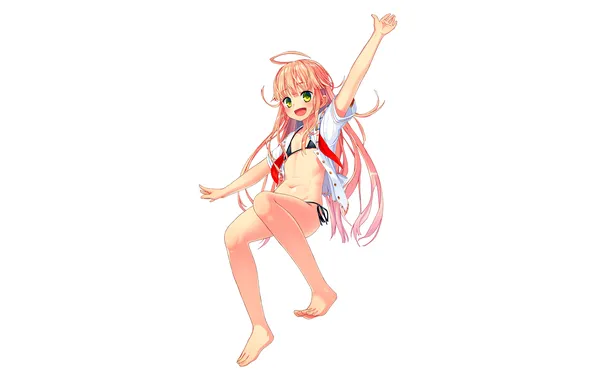 Girl, sexy, cleavage, pink hair, green eyes, long hair, legs, boobs