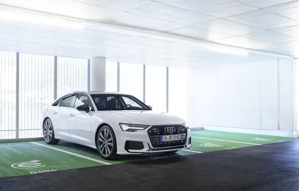 White, Audi, sedan, the room, hybrid, Audi A6, four-door, 2020