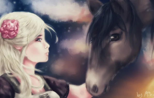Flower, anime, art, profile, girl. horse