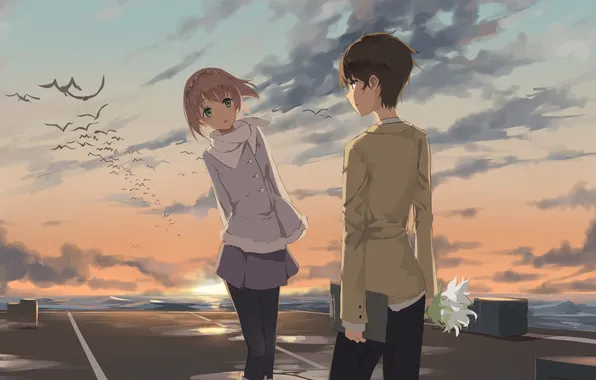 The sky, girl, the sun, clouds, sunset, flowers, bird, bouquet