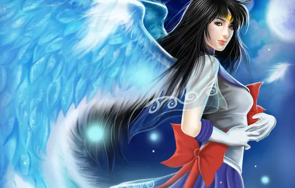 Girl, wings, feathers, art, gloves, bows, bishoujo senshi sailor moon, sailor saturn