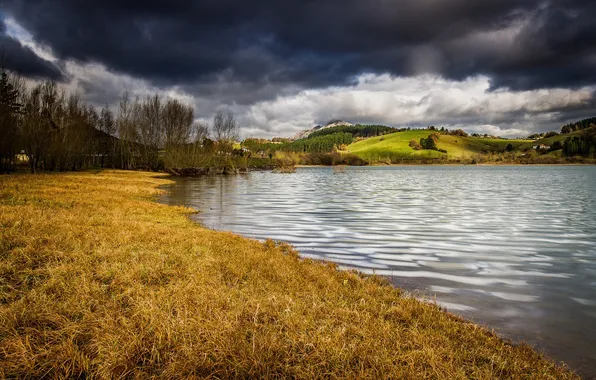 Autumn, the sky, trees, mountains, clouds, lake, hills, home