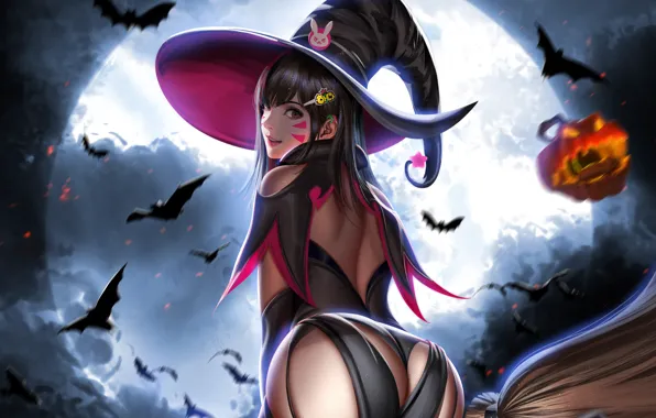 Girl, night, Halloween, witch, bats, the full moon, Overwatch, Hannah's Dream