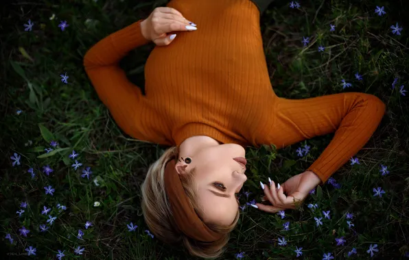 Girl, flowers, face, pose, mood, hands, Denis Lankin