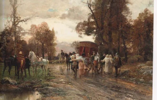 Picture road, puddles, coach, knights, carts, nuns, SAID