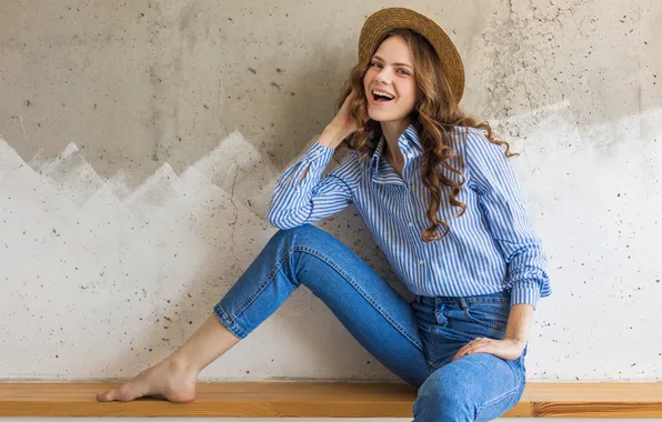 Girl, hat, barefoot, pretty, jeans, cute, shirt