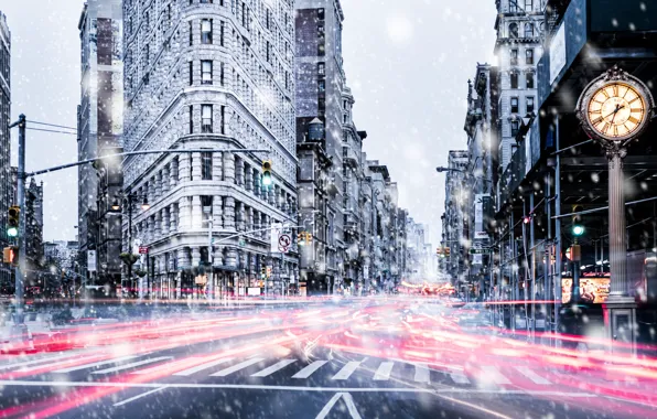 Light, snow, the city, street, Manhattan, USA