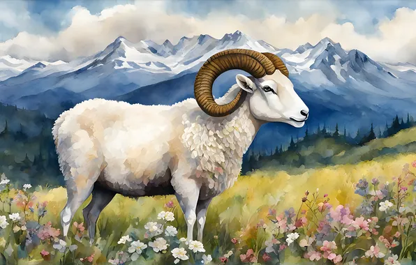 Field, mountains, RAM, imitation painting, AI art, neural network