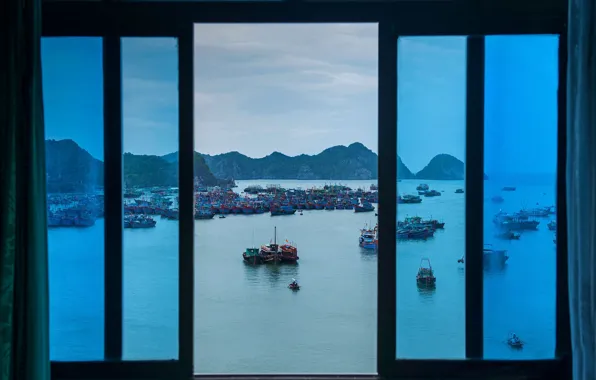 Picture mountains, boat, ship, island, window, Bay, Vietnam, Cat BA island