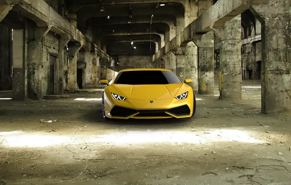 Lamborghini, yellow, Hurricane, full face