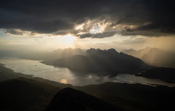 Picture the sun, mountains, clouds, Norway, rays of light, the fjord