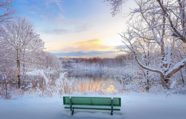 Picture winter, snow, bench, lake, Park, the evening
