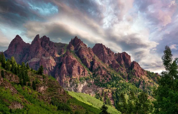 Forest, the sky, the sun, clouds, trees, mountains, rocks, gorge