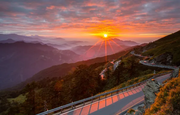 Road, forest, the sun, clouds, rays, light, sunset, mountains