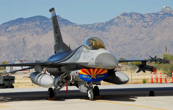 Picture mountains, fighter, missiles, bombs, Fighting, Falcon, UNITED STATES AIR FORCE, F-16CJ